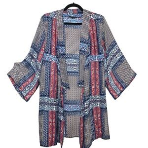 Tahari Bohemian Kimono Cardigan Sz L/XL Blue Red Floral Open Flowy Swim Cover Up